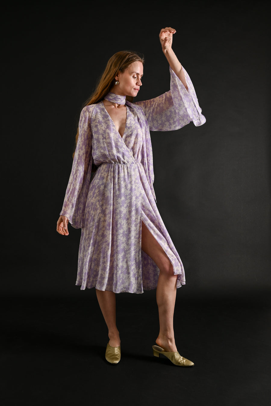 1975 Halston Couture Lavender Floral Silk Chiffon Dress + Scarf [xs/sm]