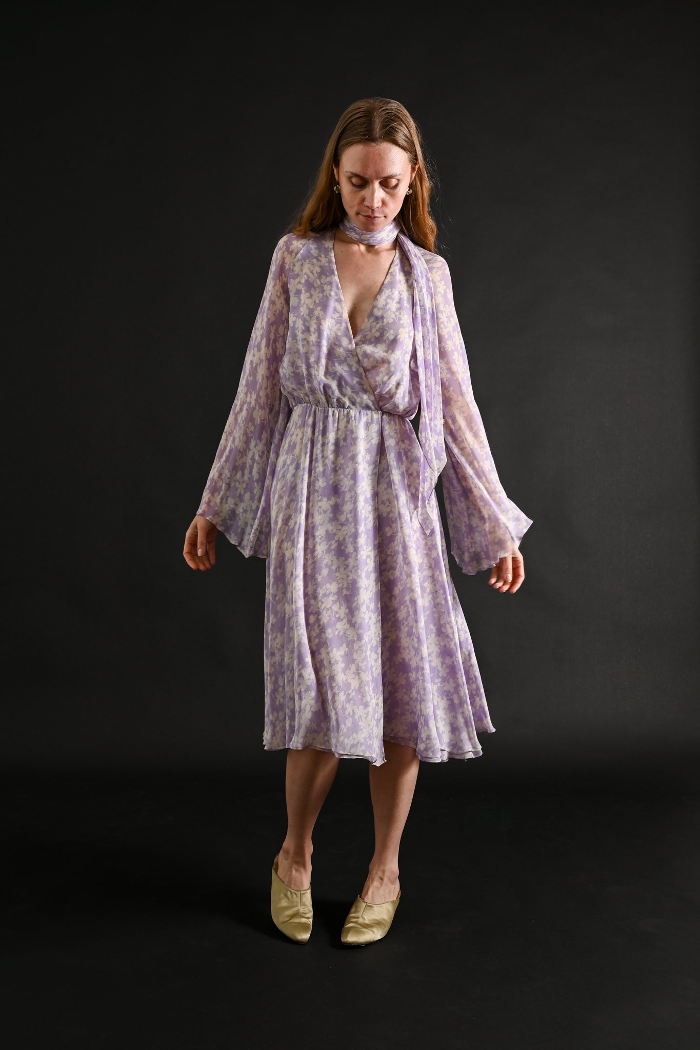 1975 Halston Couture Lavender Floral Silk Chiffon Dress + Scarf [xs/sm]