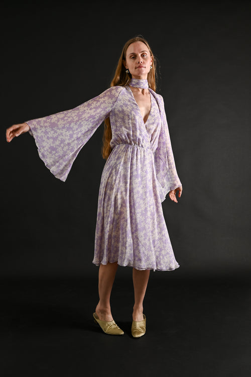 1975 Halston Couture Lavender Floral Silk Chiffon Dress + Scarf [xs/sm]