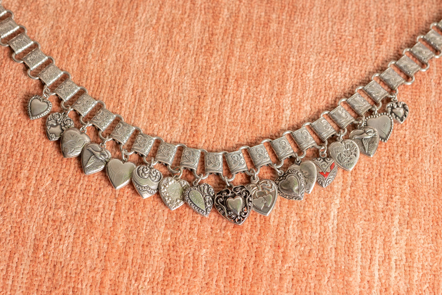 Victorian Sterling Puffy Heart Charm Necklace