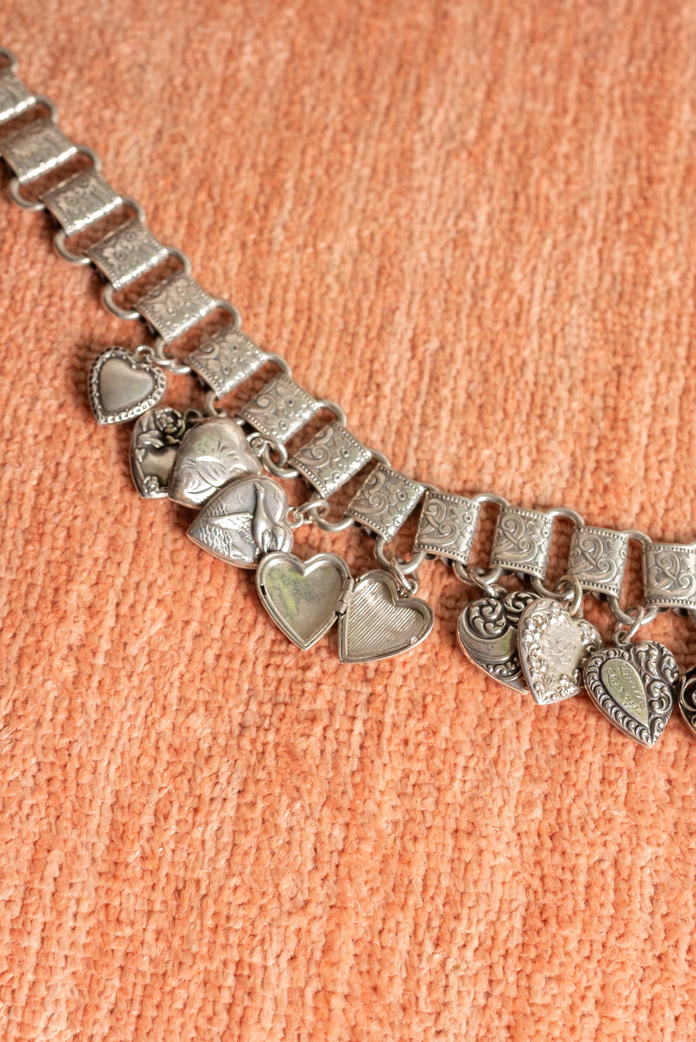 Victorian Sterling Puffy Heart Charm Necklace