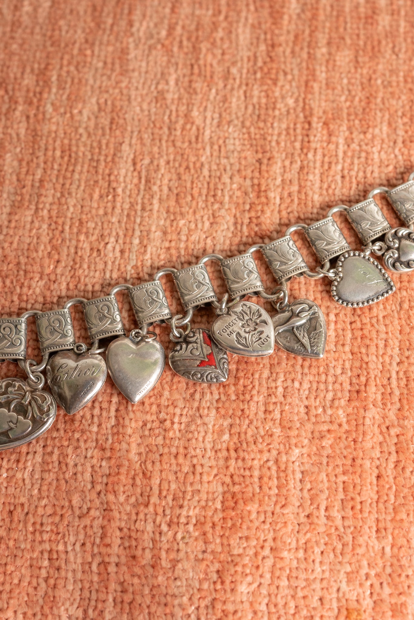 Victorian Sterling Puffy Heart Charm Necklace
