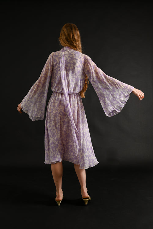 1975 Halston Couture Lavender Floral Silk Chiffon Dress + Scarf [xs/sm]