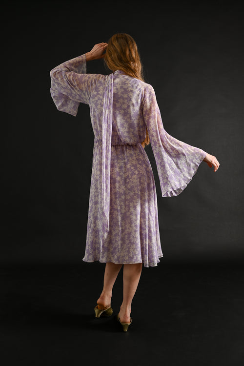 1975 Halston Couture Lavender Floral Silk Chiffon Dress + Scarf [xs/sm]
