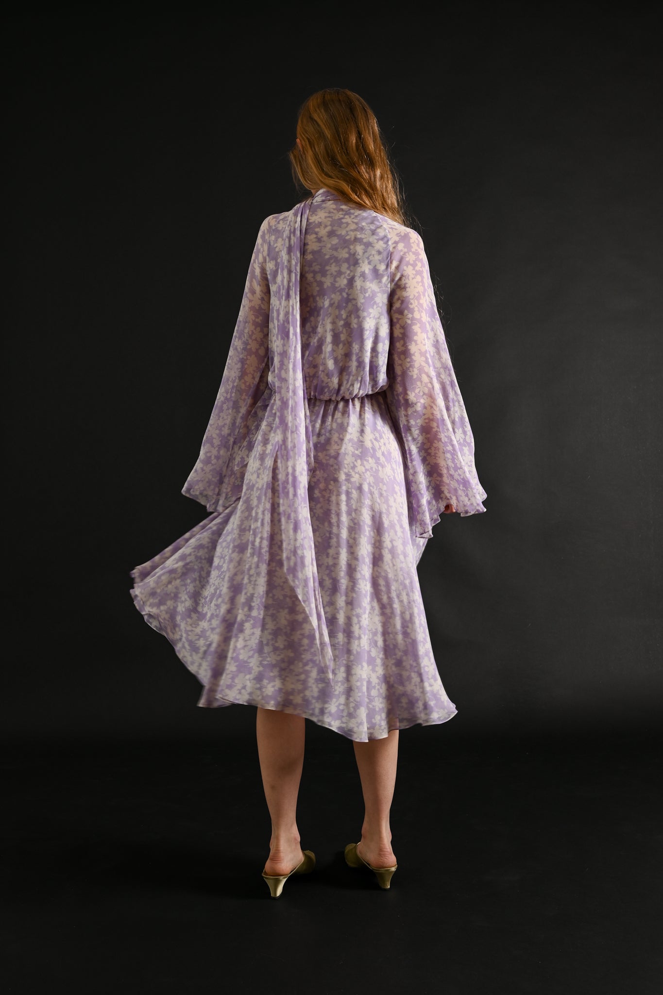 1975 Halston Couture Lavender Floral Silk Chiffon Dress + Scarf [xs/sm]