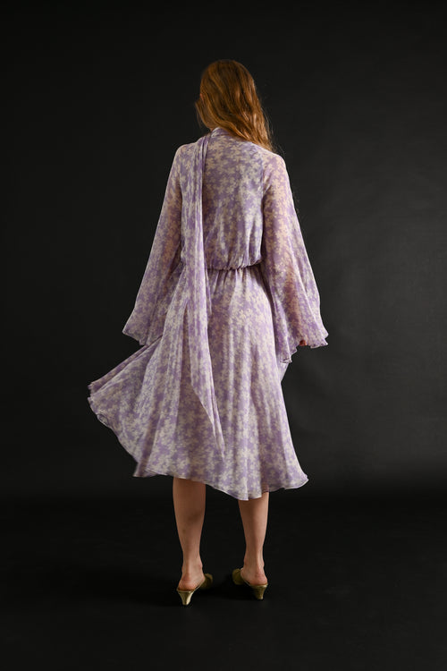 1975 Halston Couture Lavender Floral Silk Chiffon Dress + Scarf [xs/sm]