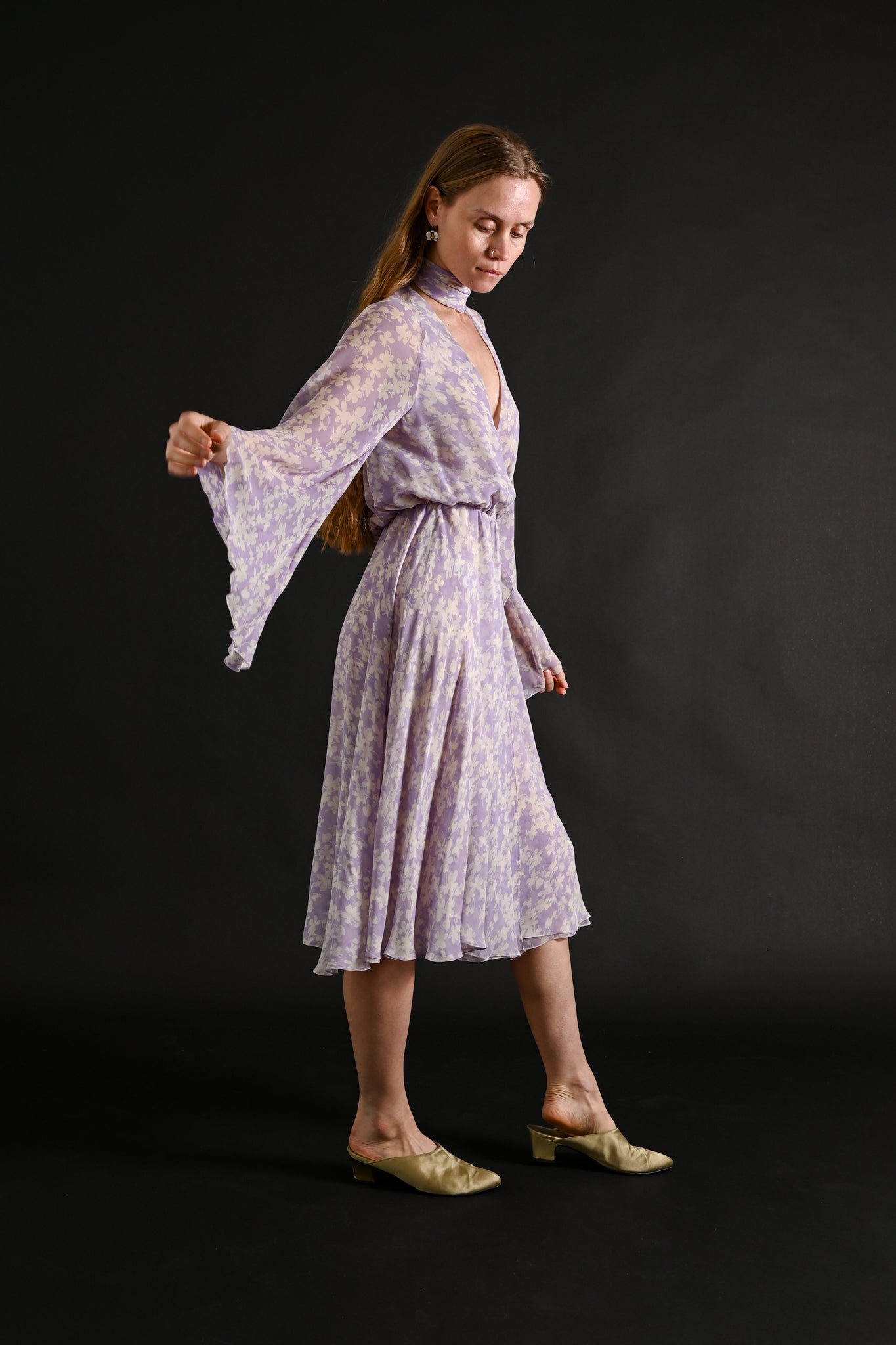 1975 Halston Couture Lavender Floral Silk Chiffon Dress + Scarf [xs/sm]