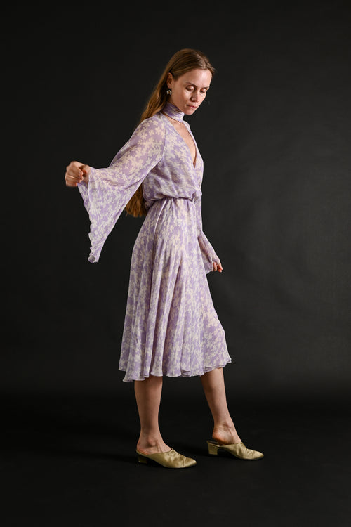 1975 Halston Couture Lavender Floral Silk Chiffon Dress + Scarf [xs/sm]
