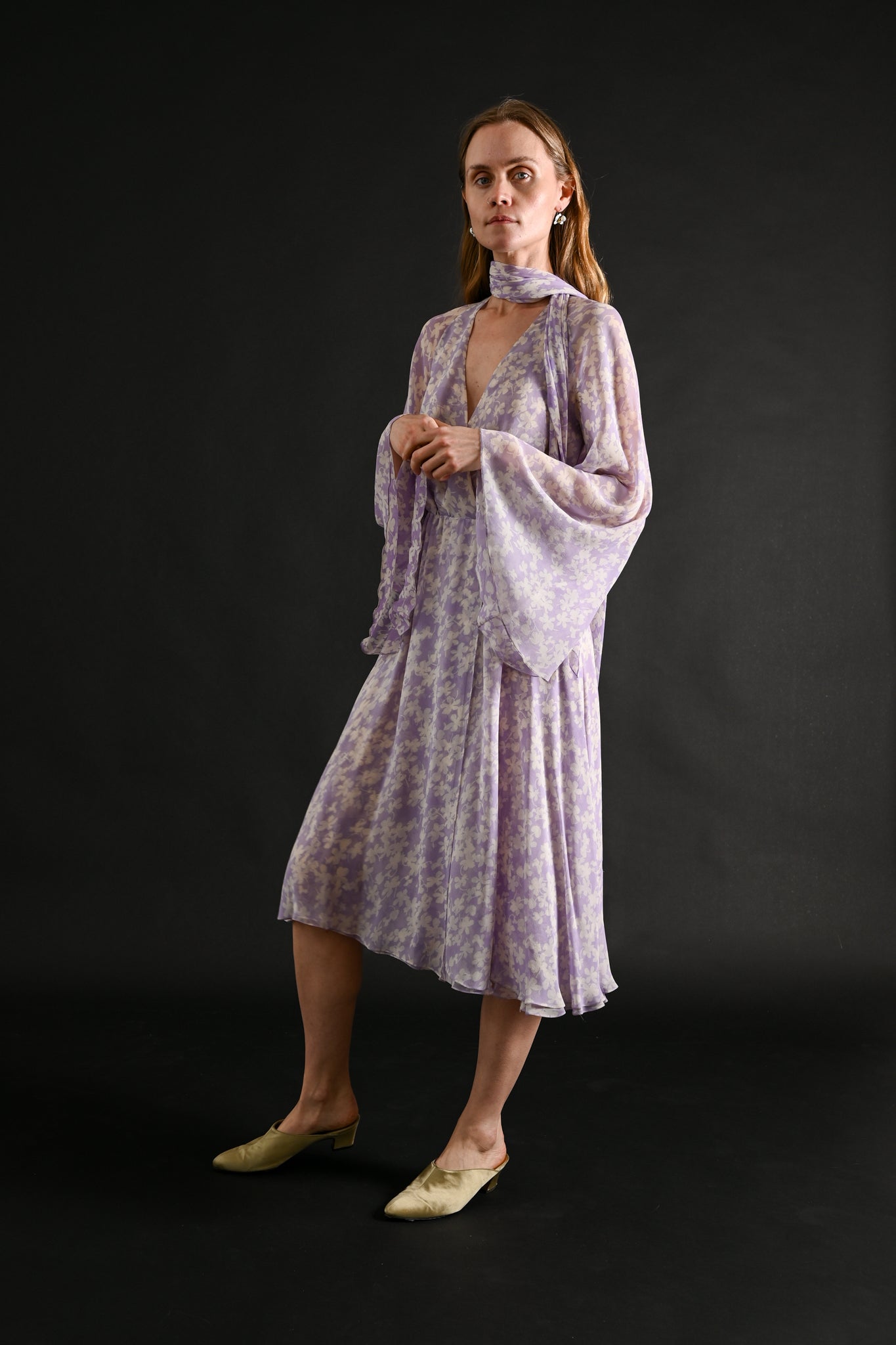 1975 Halston Couture Lavender Floral Silk Chiffon Dress + Scarf [xs/sm]