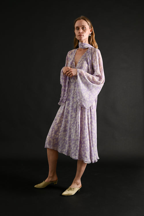 1975 Halston Couture Lavender Floral Silk Chiffon Dress + Scarf [xs/sm]