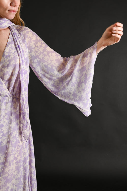 1975 Halston Couture Lavender Floral Silk Chiffon Dress + Scarf [xs/sm]