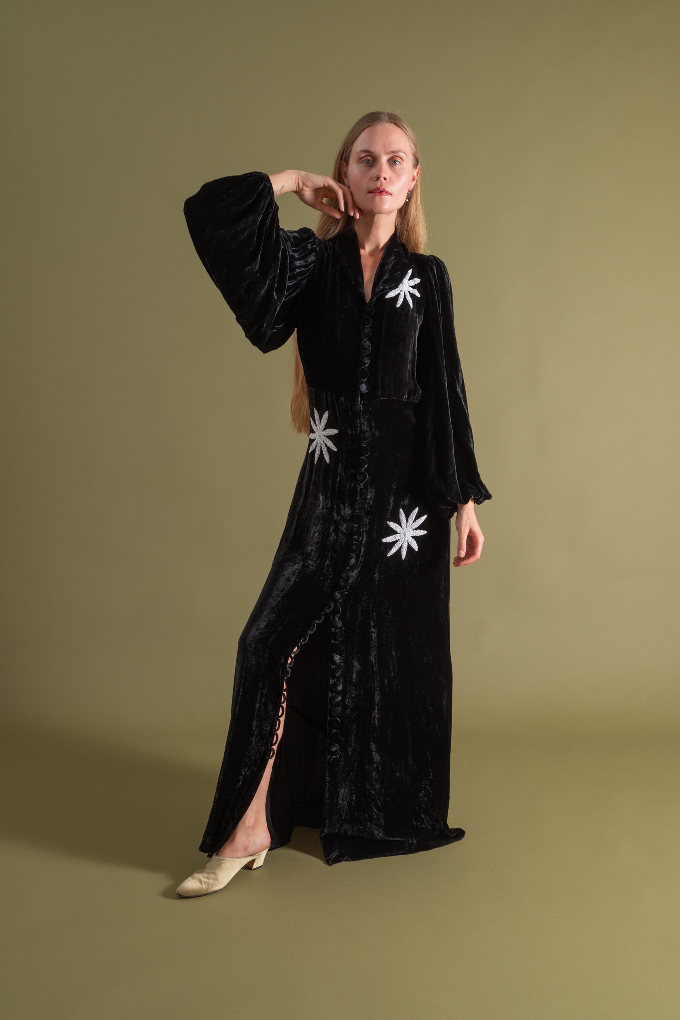 1930s Silk Velvet Balloon Sleeve Beaded Gown [xs/sm/med]