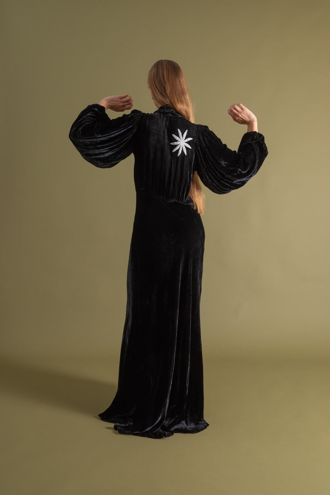 1930s Silk Velvet Balloon Sleeve Beaded Gown [xs/sm/med]