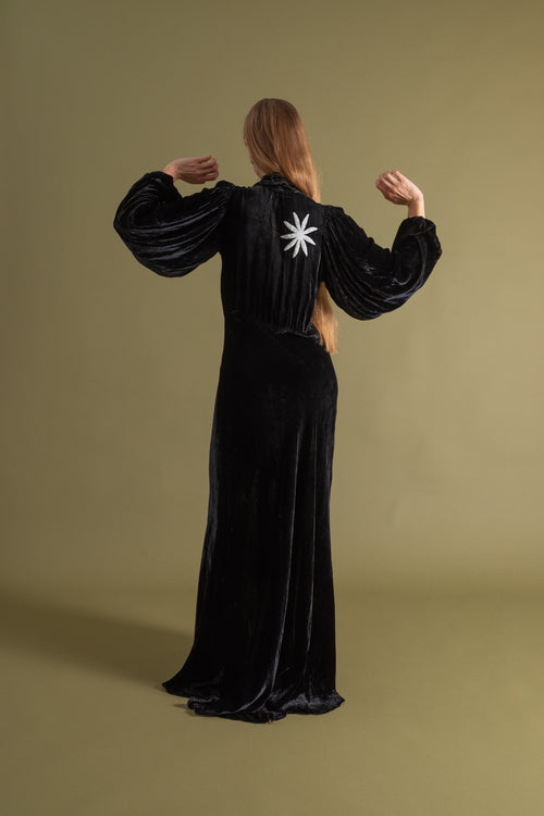 1930s Silk Velvet Balloon Sleeve Beaded Gown [xs/sm/med]