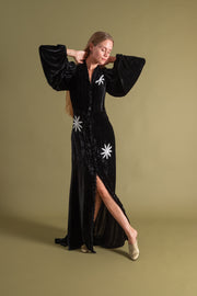 1930s Silk Velvet Balloon Sleeve Beaded Gown [xs/sm/med]