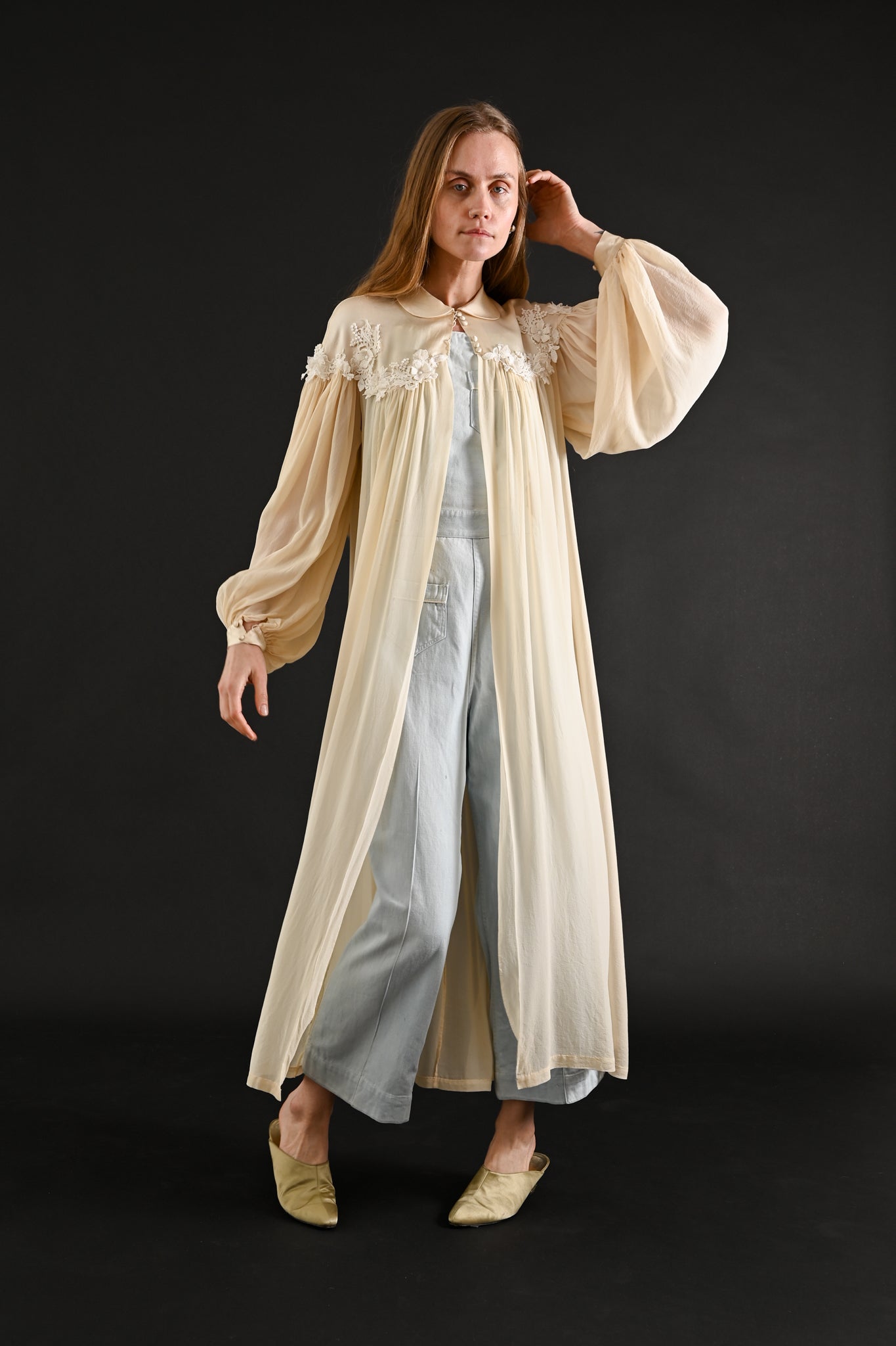 1940s Ivory Silk Chiffon Floral Appliqué Peignoir [xs/sm/med]