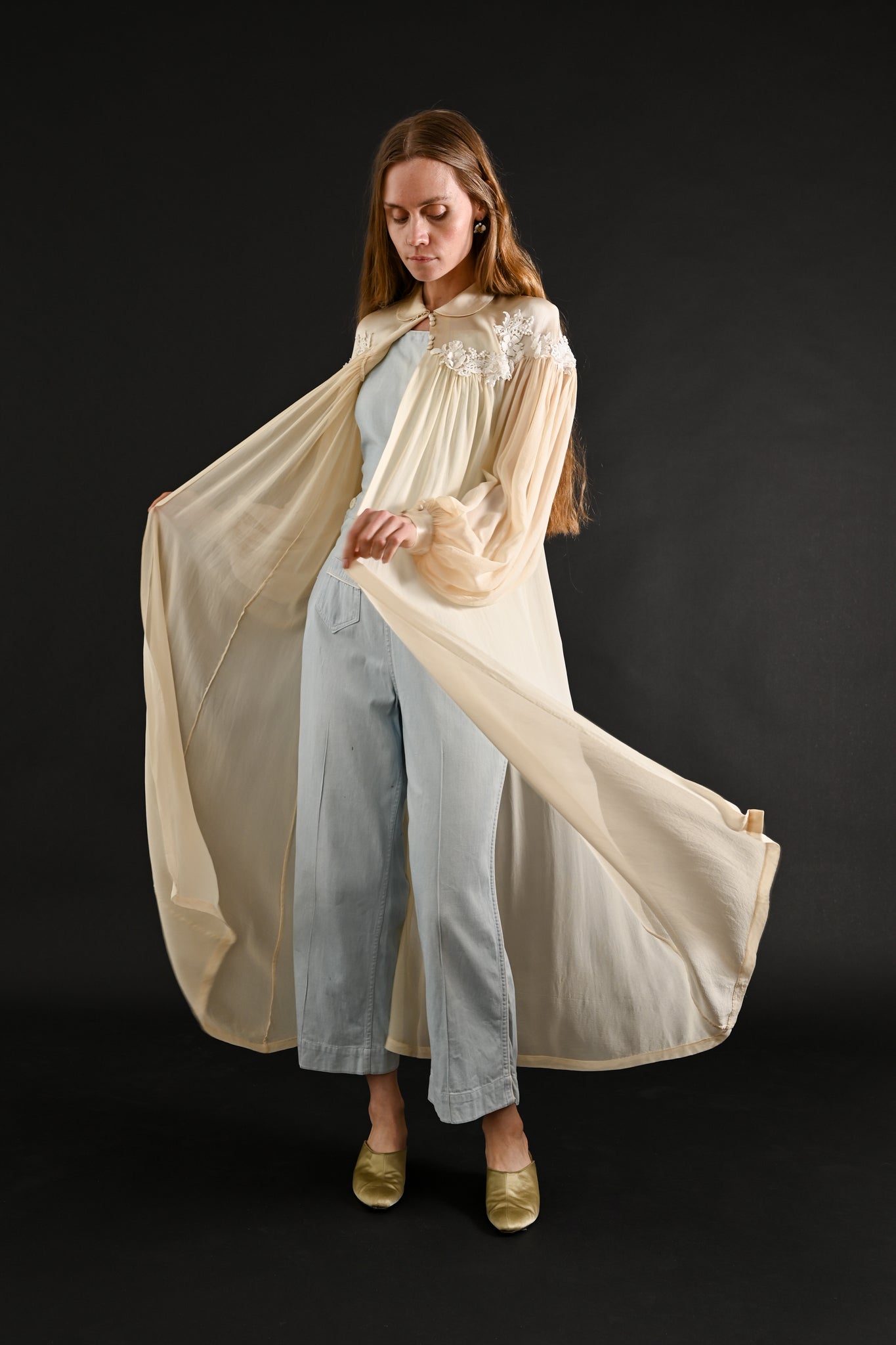 1940s Ivory Silk Chiffon Floral Appliqué Peignoir [xs/sm/med]