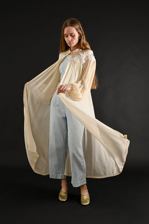 1940s Ivory Silk Chiffon Floral Appliqué Peignoir [xs/sm/med]
