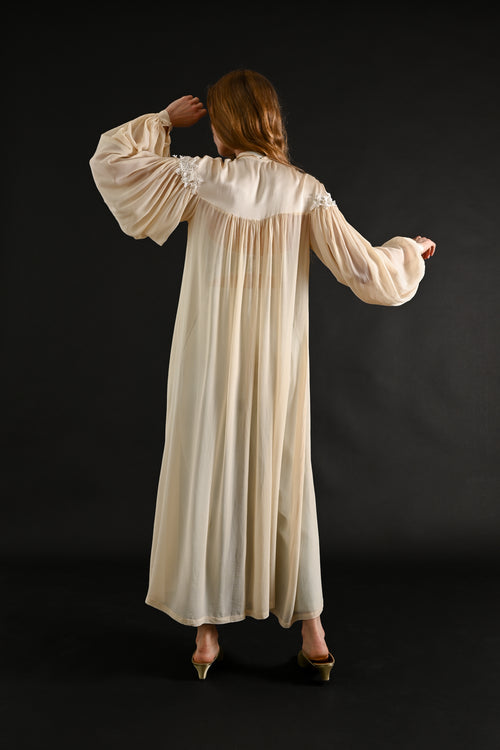 1940s Ivory Silk Chiffon Floral Appliqué Peignoir [xs/sm/med]