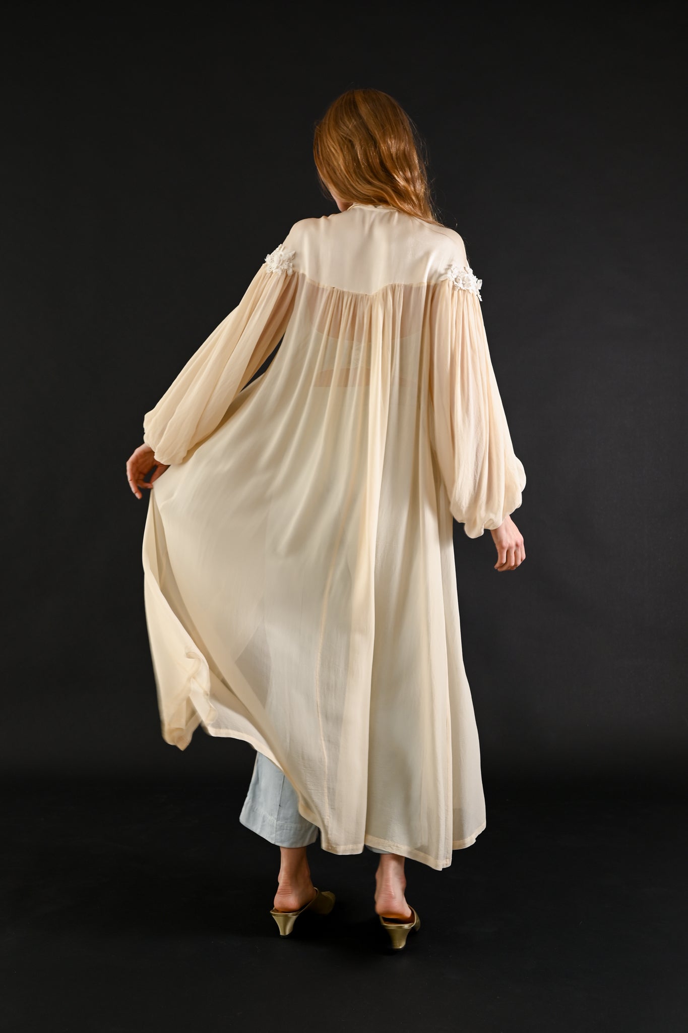 1940s Ivory Silk Chiffon Floral Appliqué Peignoir [xs/sm/med]