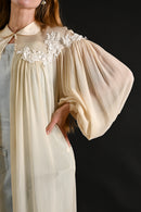 1940s Ivory Silk Chiffon Floral Appliqué Peignoir [xs/sm/med]