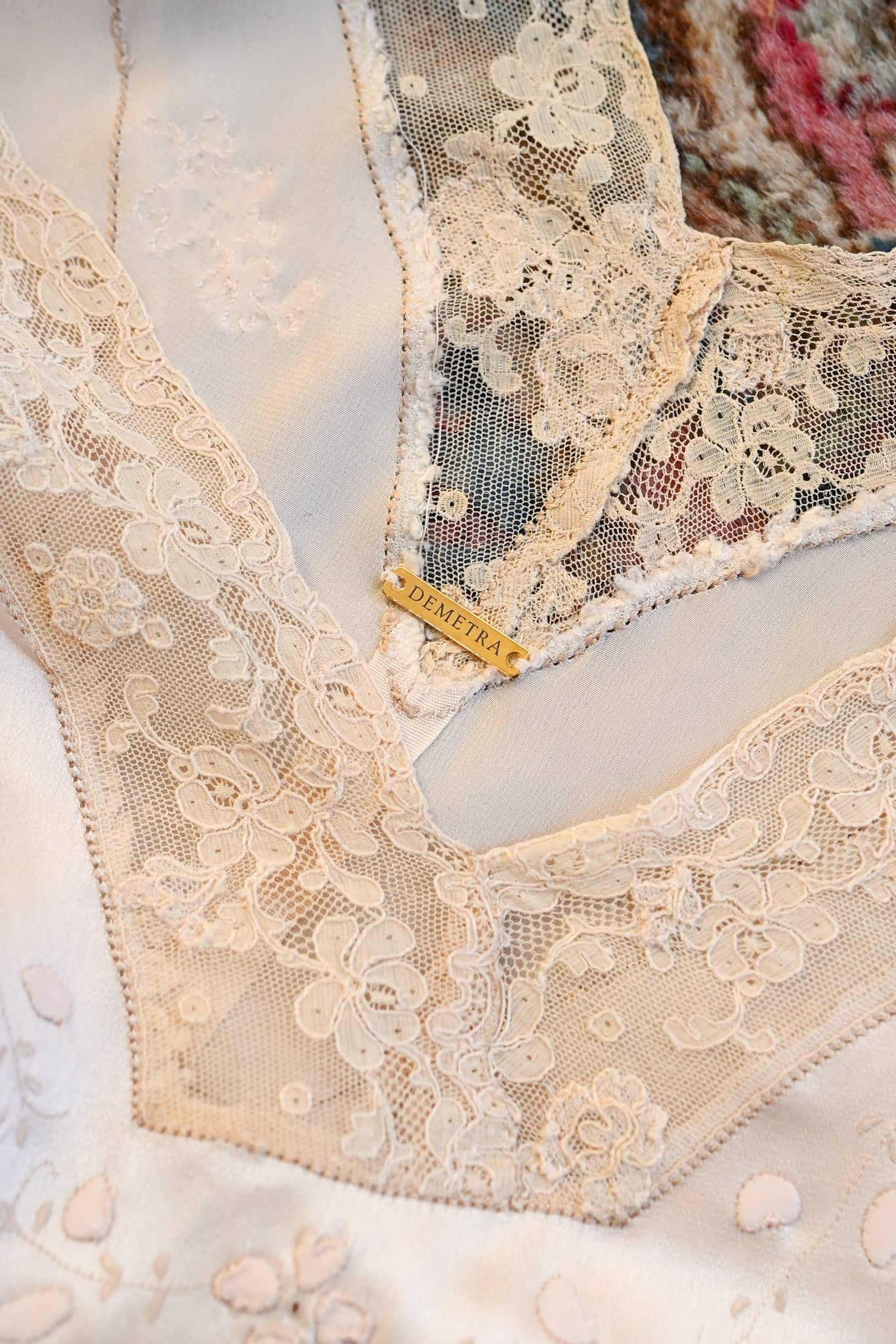 Demetra's Trained Silk + Lace Bow Appliqué Gown [xs/sm]