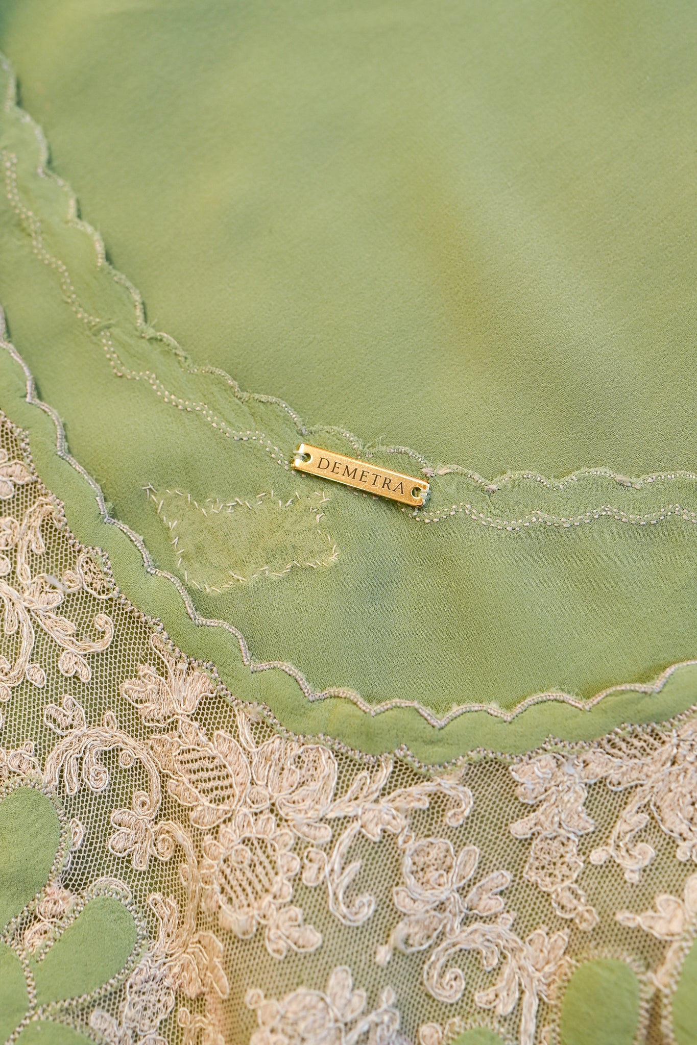 Demetra's Green Silk Appliqué Flutter Sleeve Gown [sm/med]