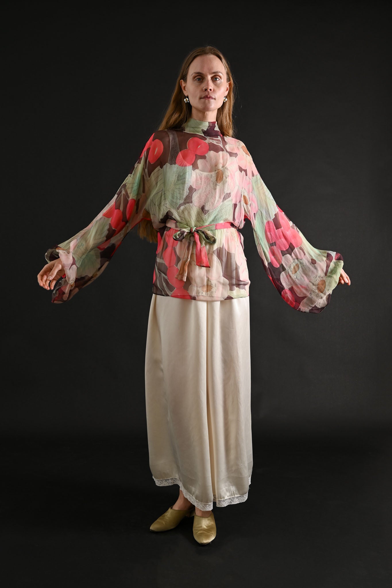 1970s Valerie Porr Handpainted Silk Chiffon Blouse [xs/sm]