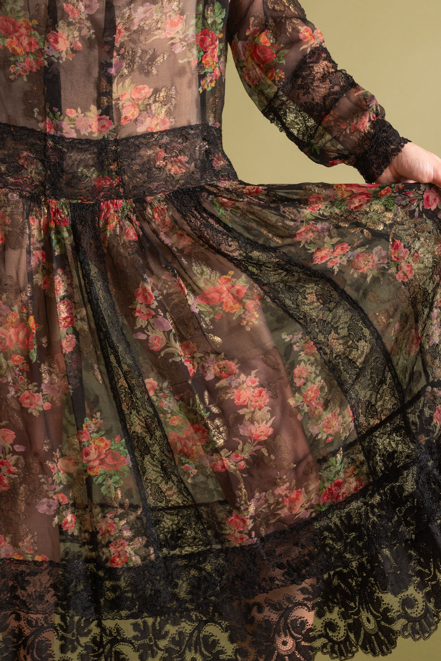 1920s Silk Lamé Chiffon Floral Gown [xs/sm/med]