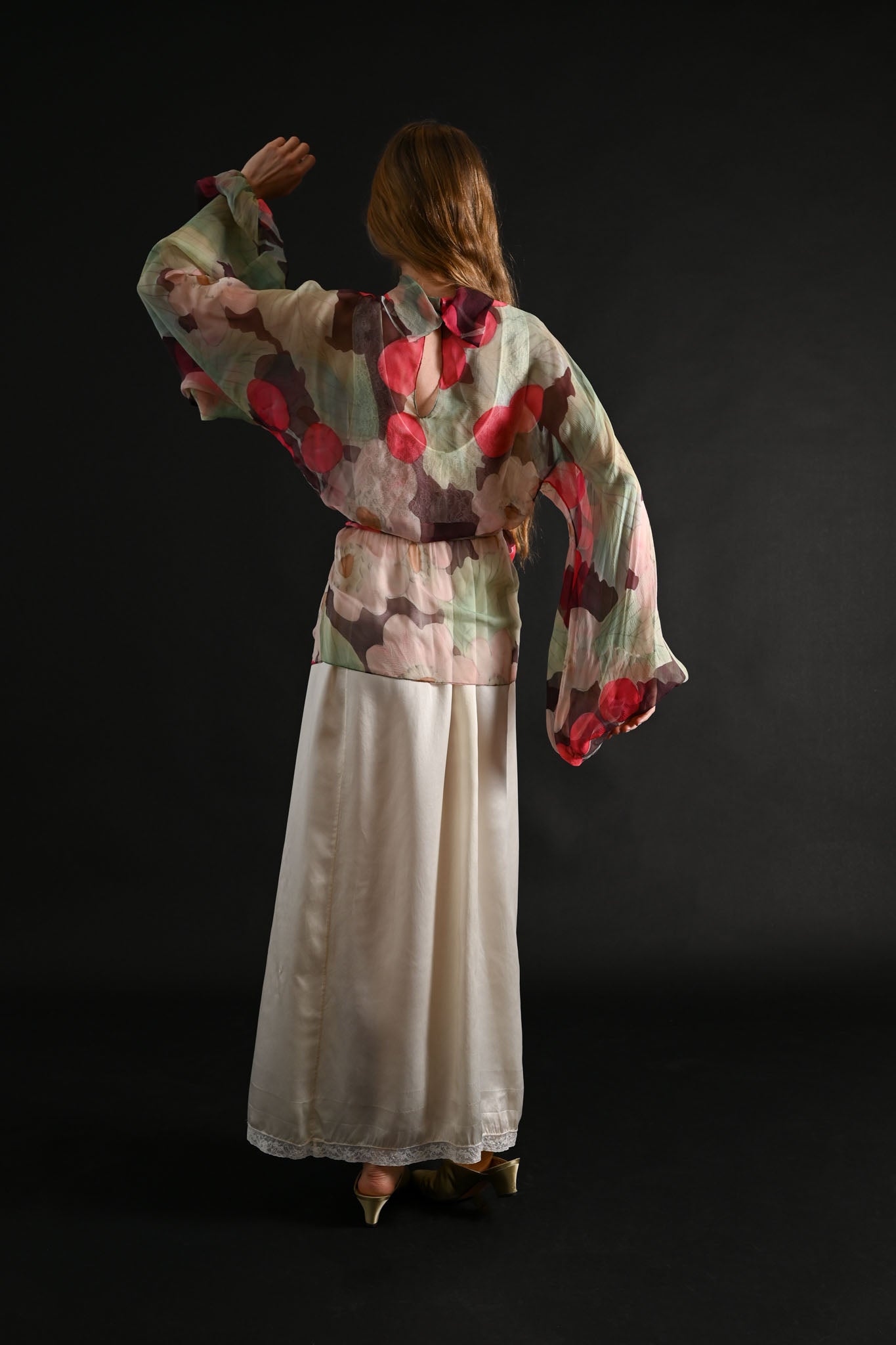 1970s Valerie Porr Handpainted Silk Chiffon Blouse [xs/sm]