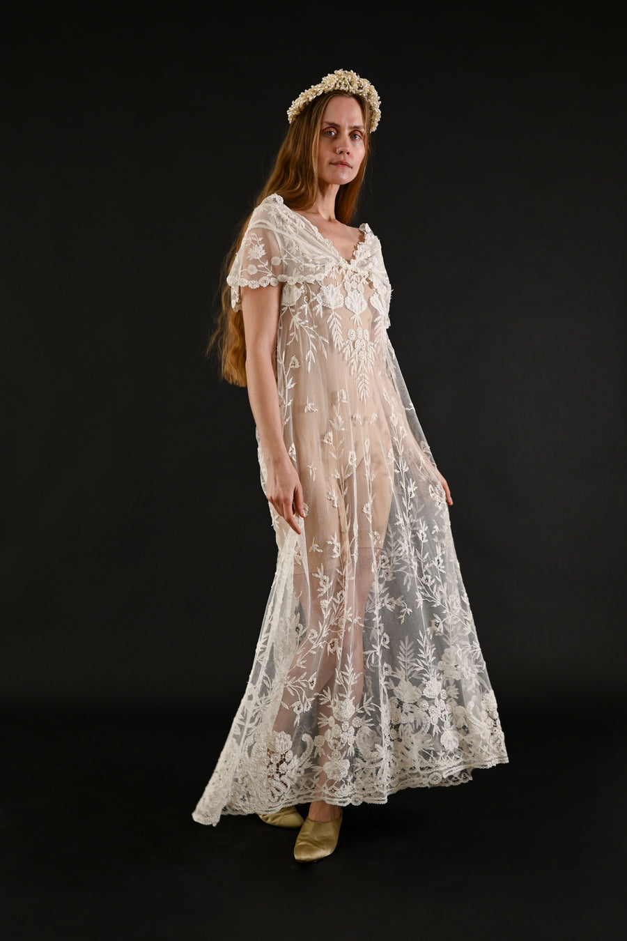 1920s Brussels Lace Net Capelet Gown [sm/med/lrg]