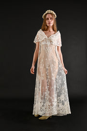 1920s Brussels Lace Net Capelet Gown [sm/med/lrg]