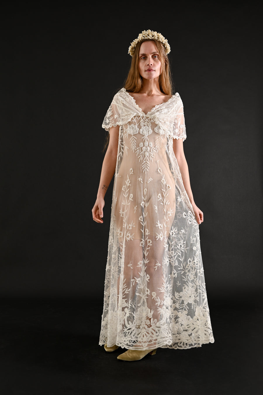 1920s Brussels Lace Net Capelet Gown [sm/med/lrg]