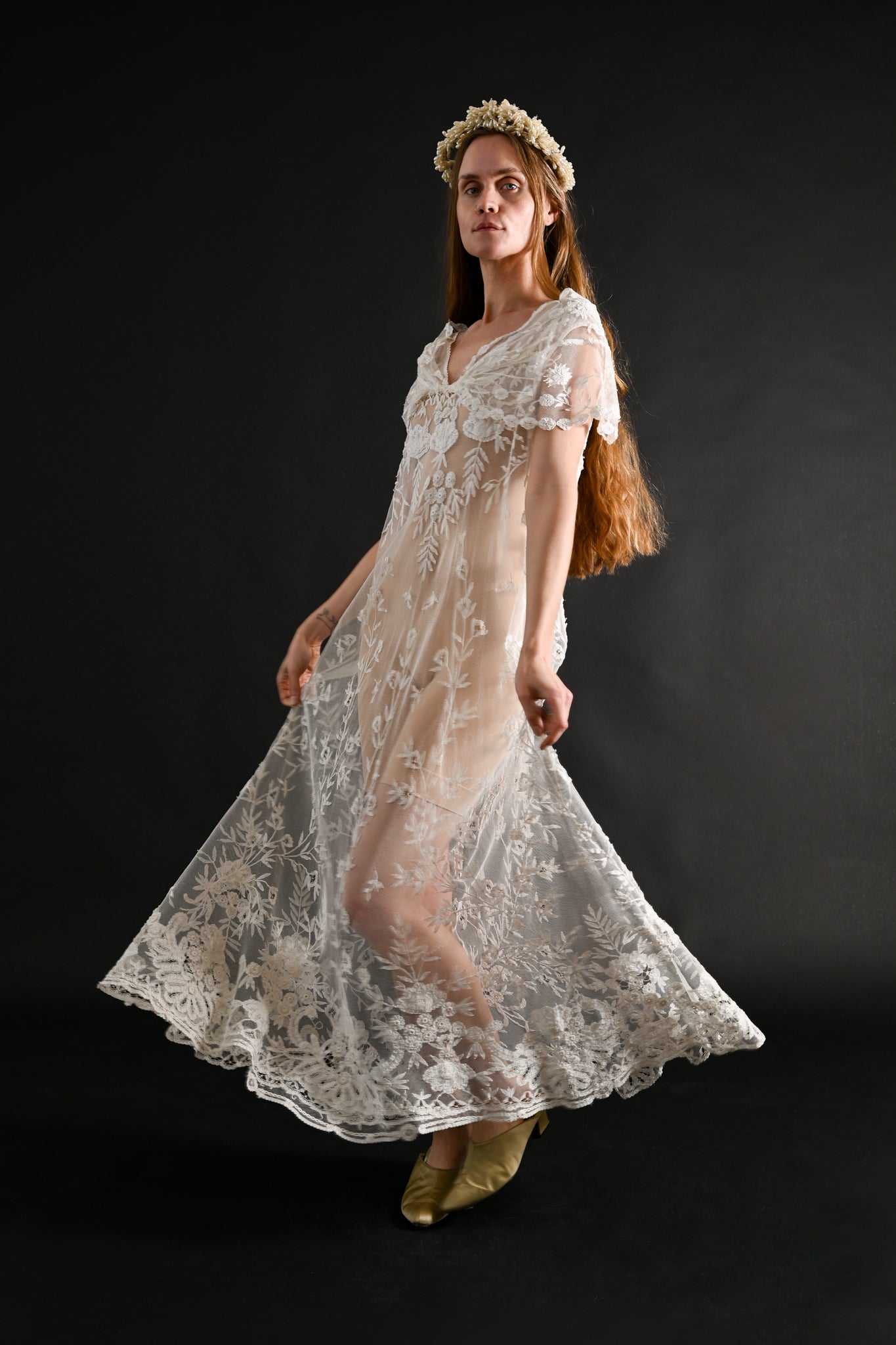 1920s Brussels Lace Net Capelet Gown [sm/med/lrg]