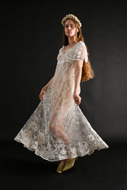 1920s Brussels Lace Net Capelet Gown [sm/med/lrg]