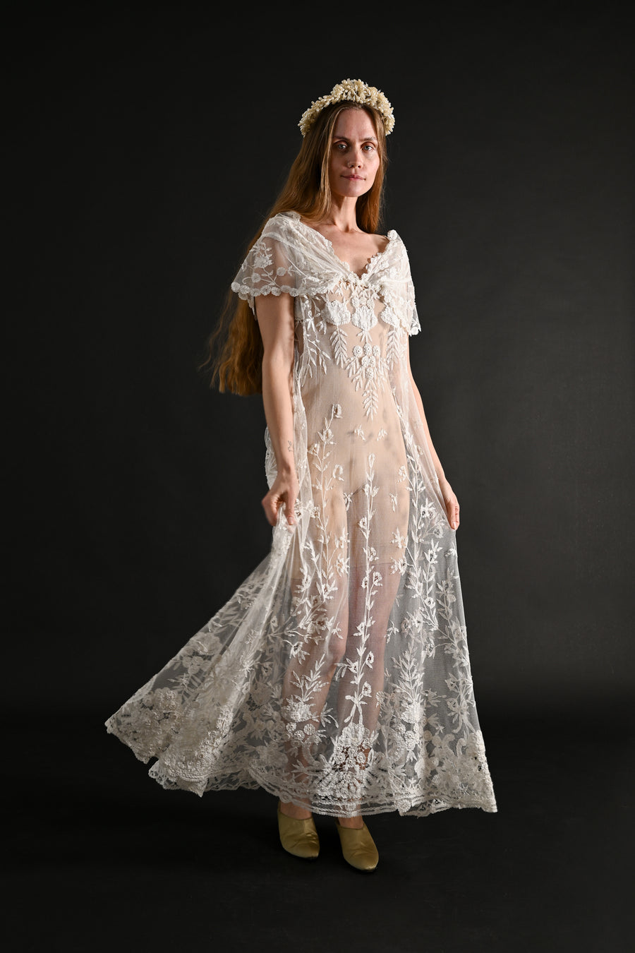 1920s Brussels Lace Net Capelet Gown [sm/med/lrg]