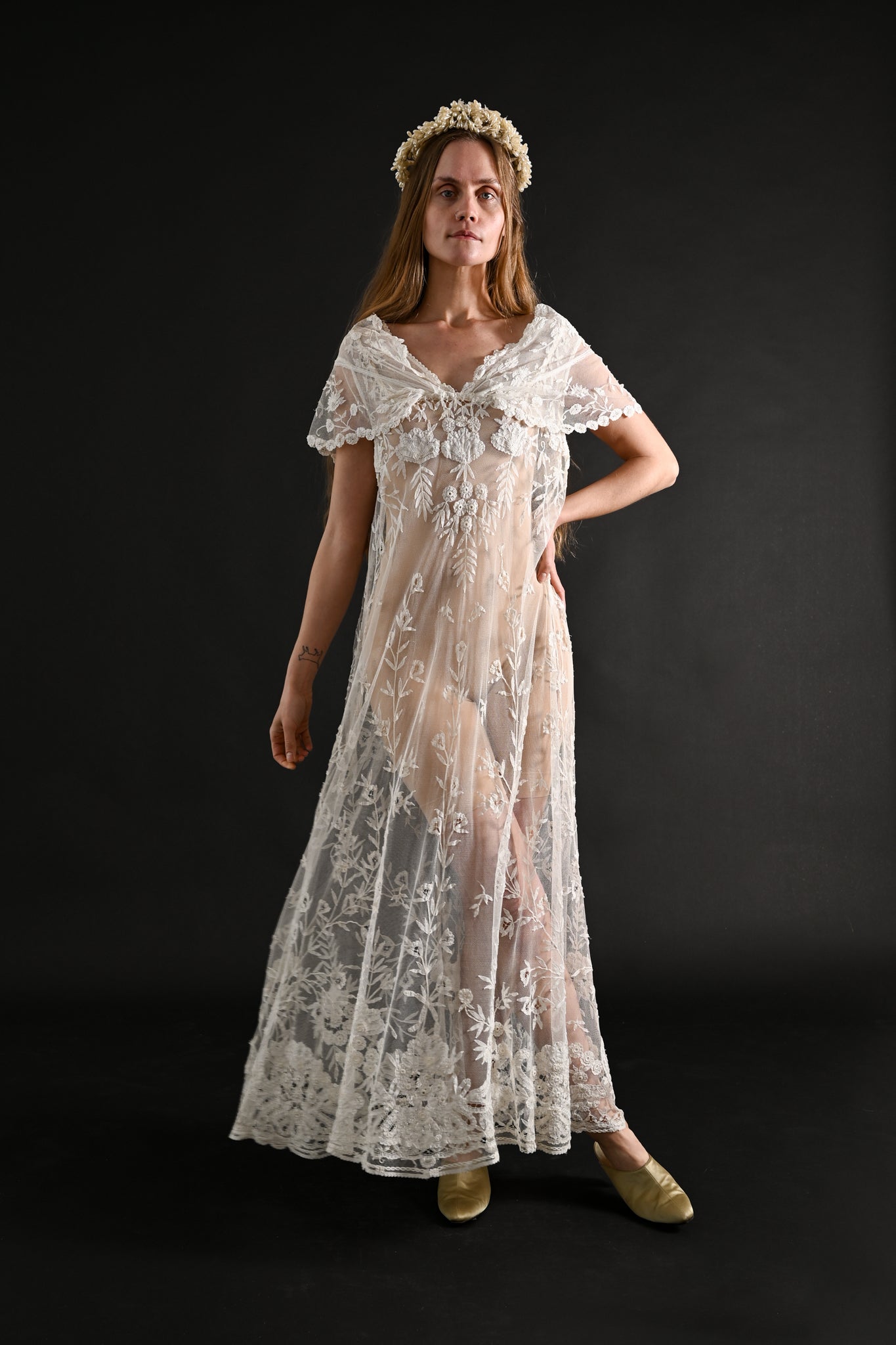1920s Brussels Lace Net Capelet Gown [sm/med/lrg]