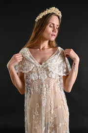 1920s Brussels Lace Net Capelet Gown [sm/med/lrg]