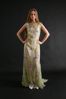 1930s Celadon Floral Silk Chiffon Gown Set [xs/sm/med]