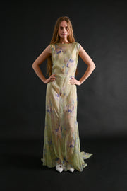 1930s Celadon Floral Silk Chiffon Gown Set [xs/sm/med]