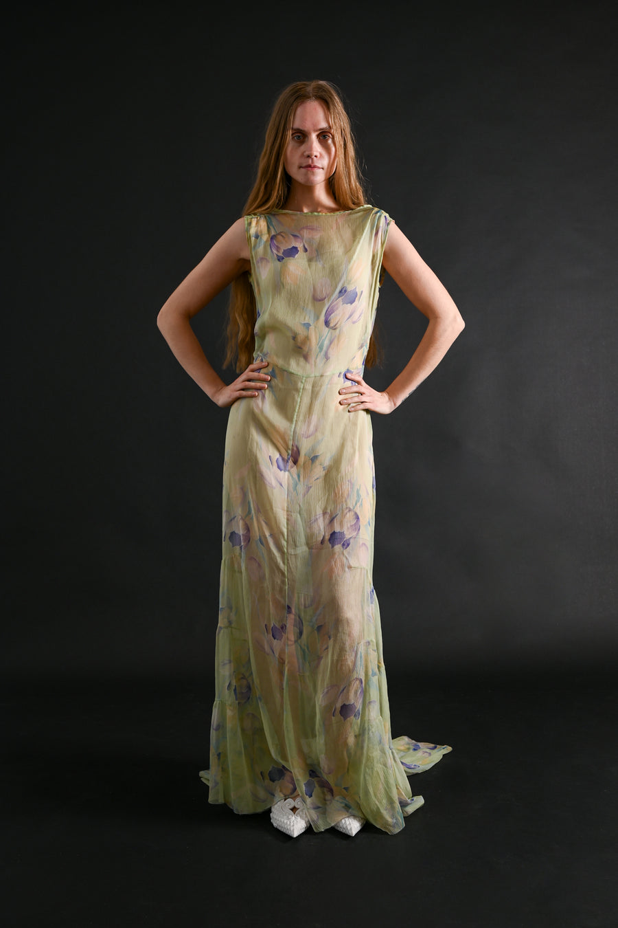 1930s Celadon Floral Silk Chiffon Gown Set [xs/sm/med]