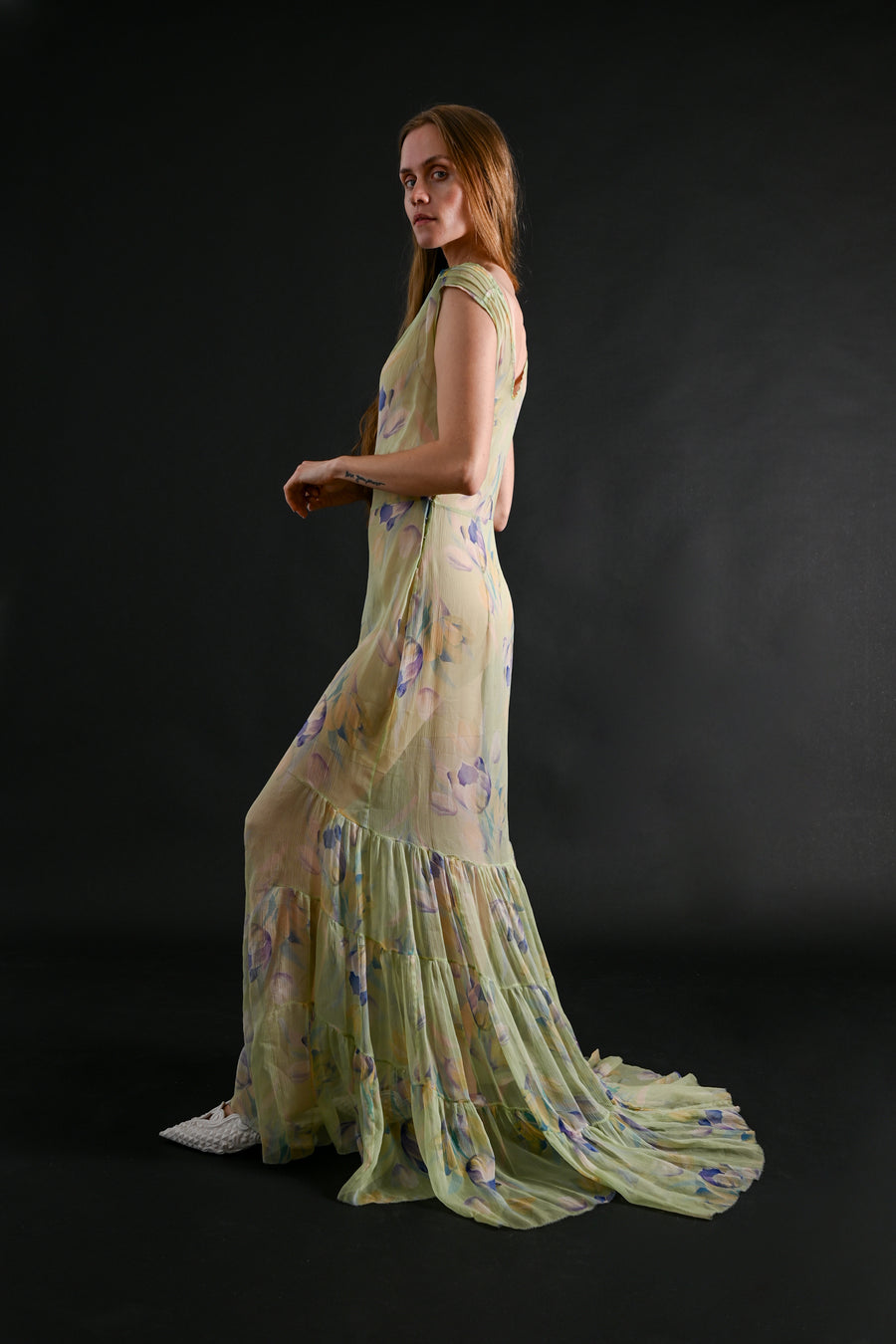 1930s Celadon Floral Silk Chiffon Gown Set [xs/sm/med]