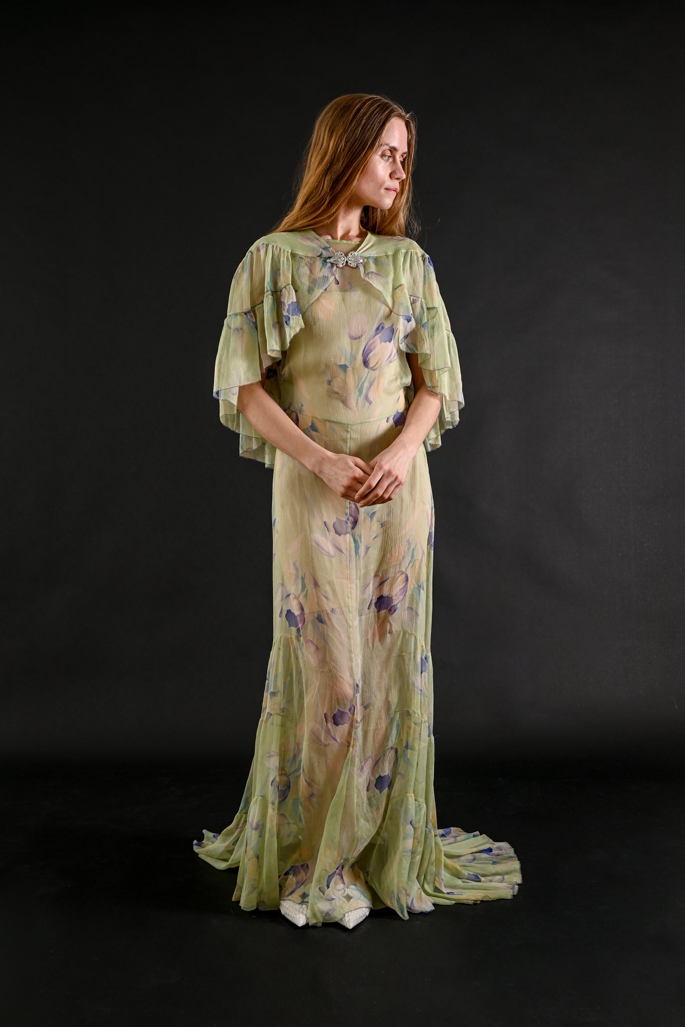 1930s Celadon Floral Silk Chiffon Gown Set [xs/sm/med]