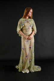 1930s Celadon Floral Silk Chiffon Gown Set [xs/sm/med]