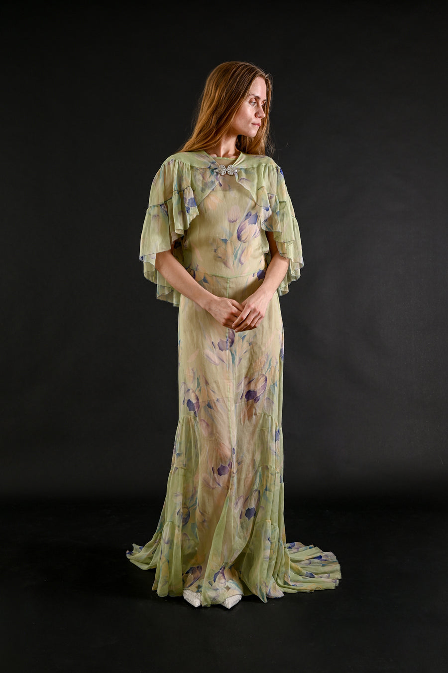 1930s Celadon Floral Silk Chiffon Gown Set [xs/sm/med]