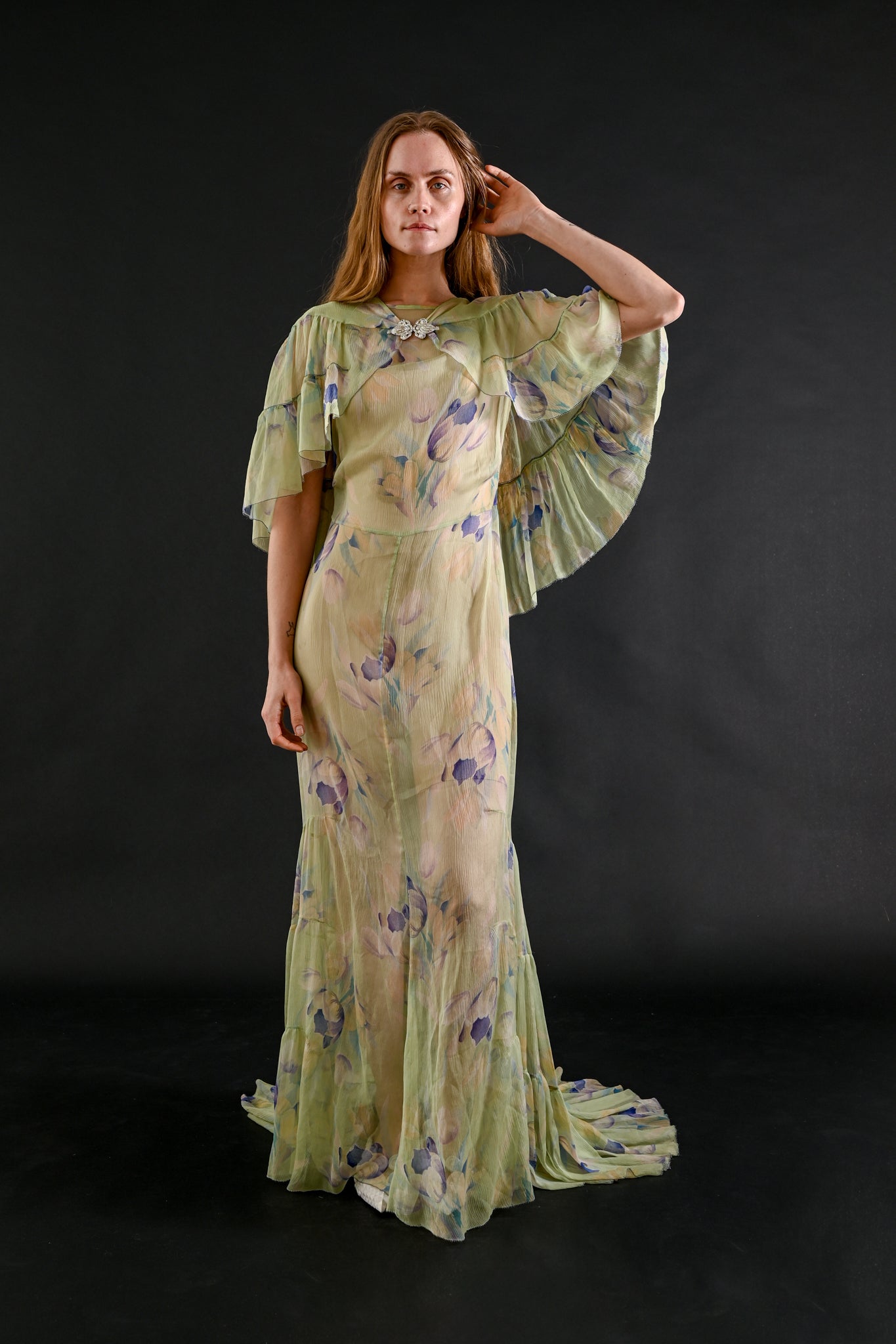 1930s Celadon Floral Silk Chiffon Gown Set [xs/sm/med]