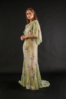 1930s Celadon Floral Silk Chiffon Gown Set [xs/sm/med]