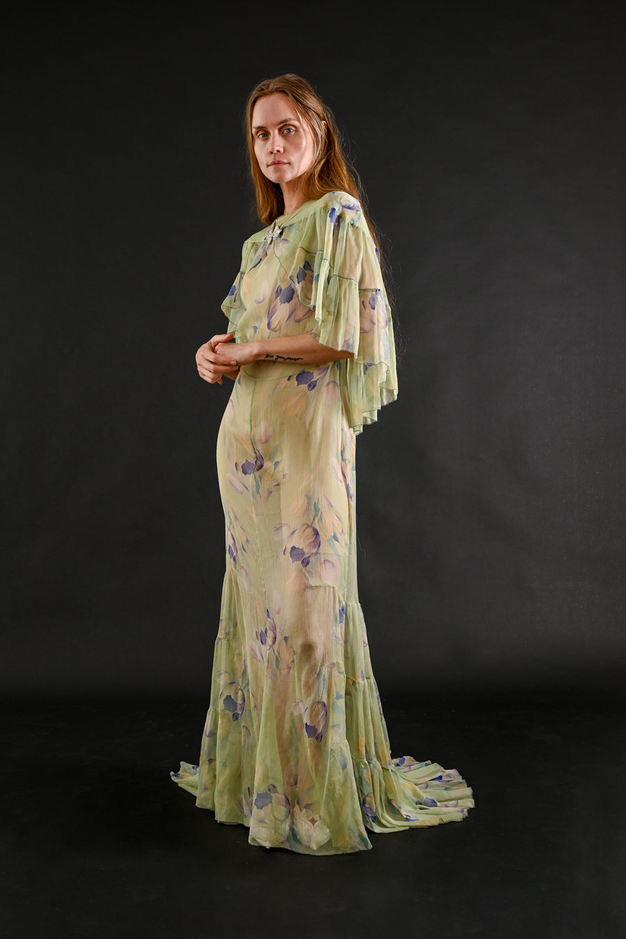 1930s Celadon Floral Silk Chiffon Gown Set [xs/sm/med]