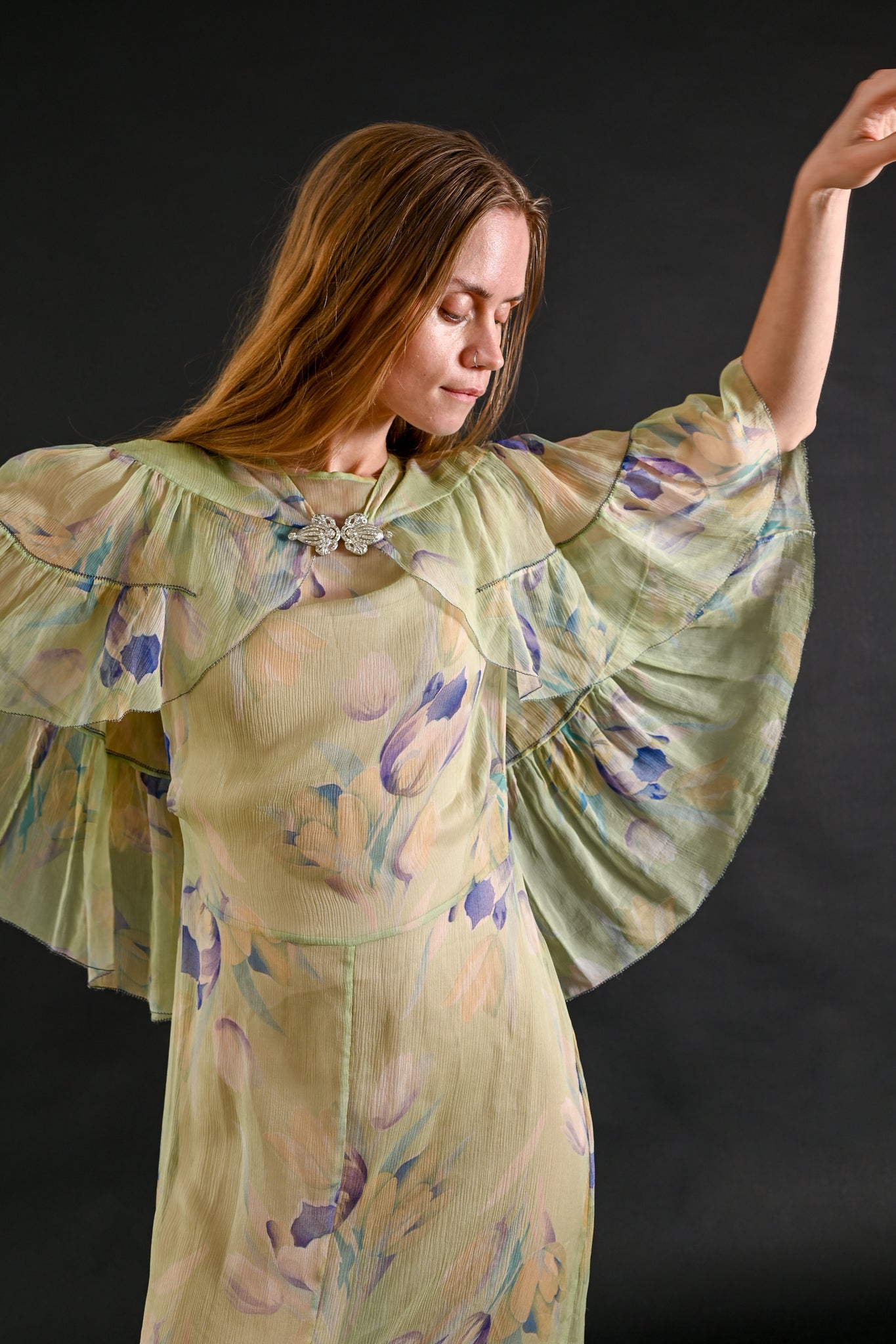 1930s Celadon Floral Silk Chiffon Gown Set [xs/sm/med]