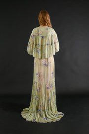 1930s Celadon Floral Silk Chiffon Gown Set [xs/sm/med]